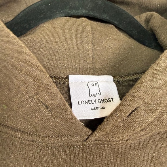 Lonely Ghost Hoodie Mens Medium Brown Its Cool To Care Earth Smiley Sweatshirt - Picture 6 of 7